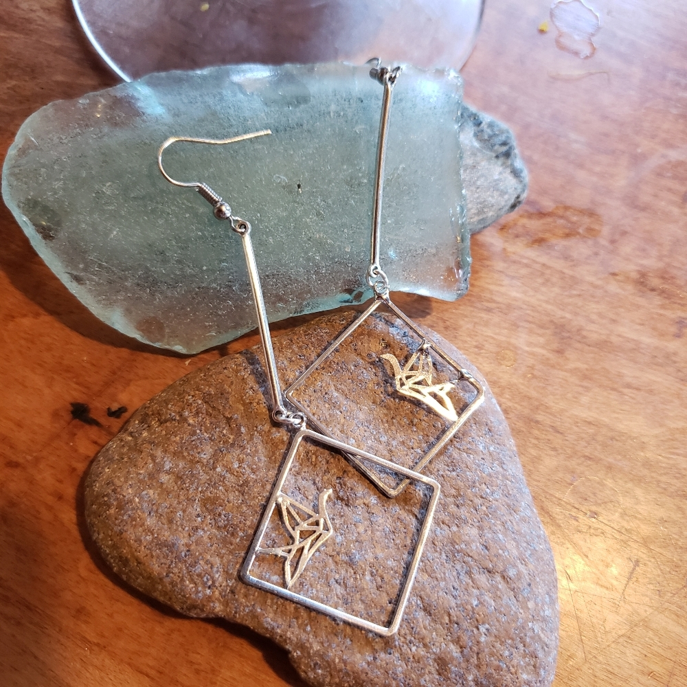 Handmade Silver Geometric Origami Crane Earrings